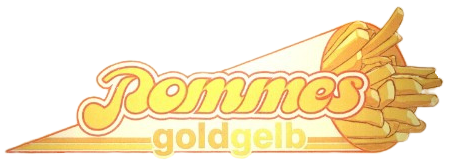 Logo von „Pommes Goldgelb“ mit Schriftzug und Pommes-Tüte auf gelbem Hintergrund.