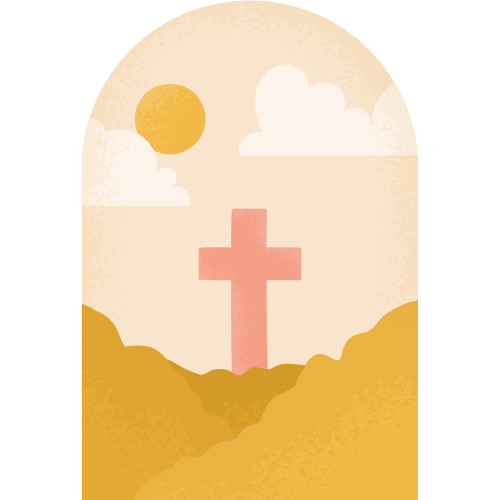 Illustration eines Kreuzes in einer goldgelben Landschaft unter Sonne und Wolken.