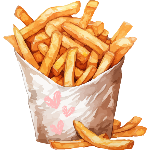 Illustration einer goldgelben Portion Pommes in einer Papiertüte mit rosa Herzen.