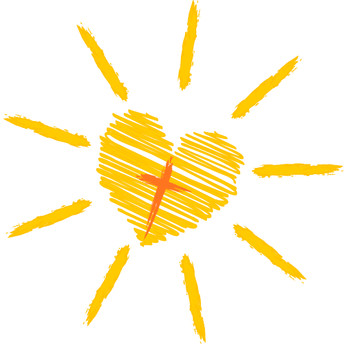 Illustration eines gelben Herzens mit Kreuz und Sonnenstrahlen – Symbol für Liebe, Glauben und Licht.