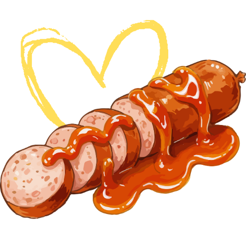 Illustration einer Currywurst mit Ketchup und Senf in Herzform – Symbol für den Imbiss „Pommes Goldgelb“.